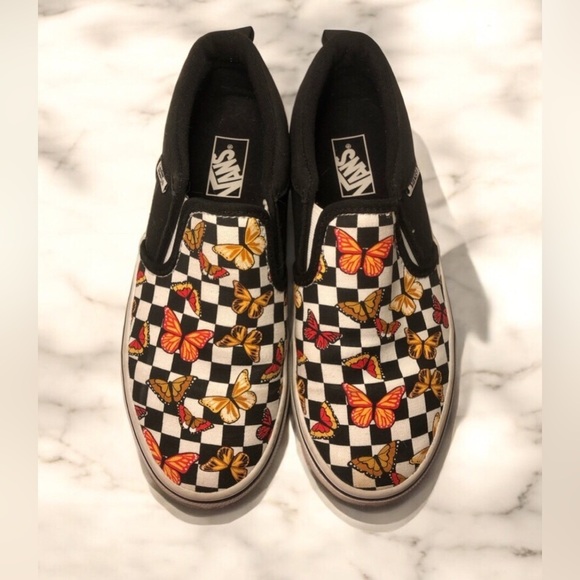 Vans Kids Slip-On Butterfly Checkered Shoes - Black and Multicolor - Picture 1 of 16